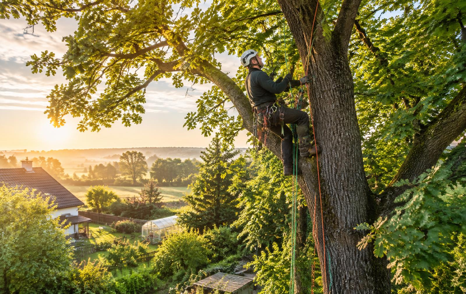 Arborysta Tree Care podczas pracy w koronie dębu