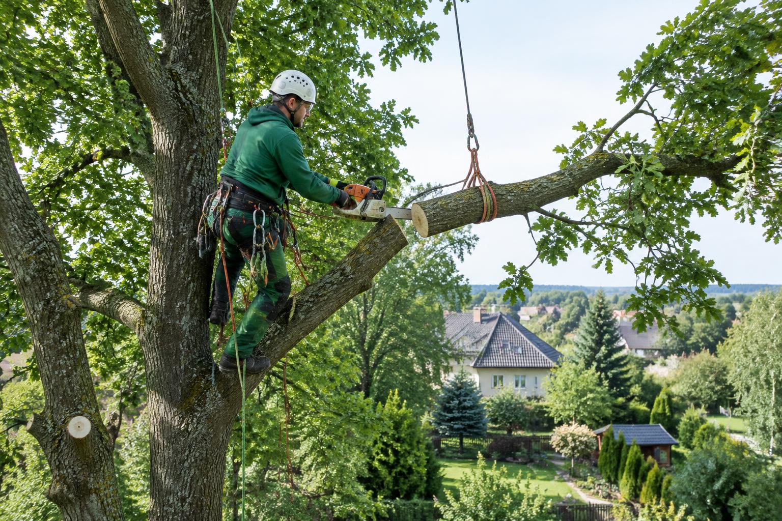 Praca arborysty na wysokości z wykorzystaniem sprzętu linowego