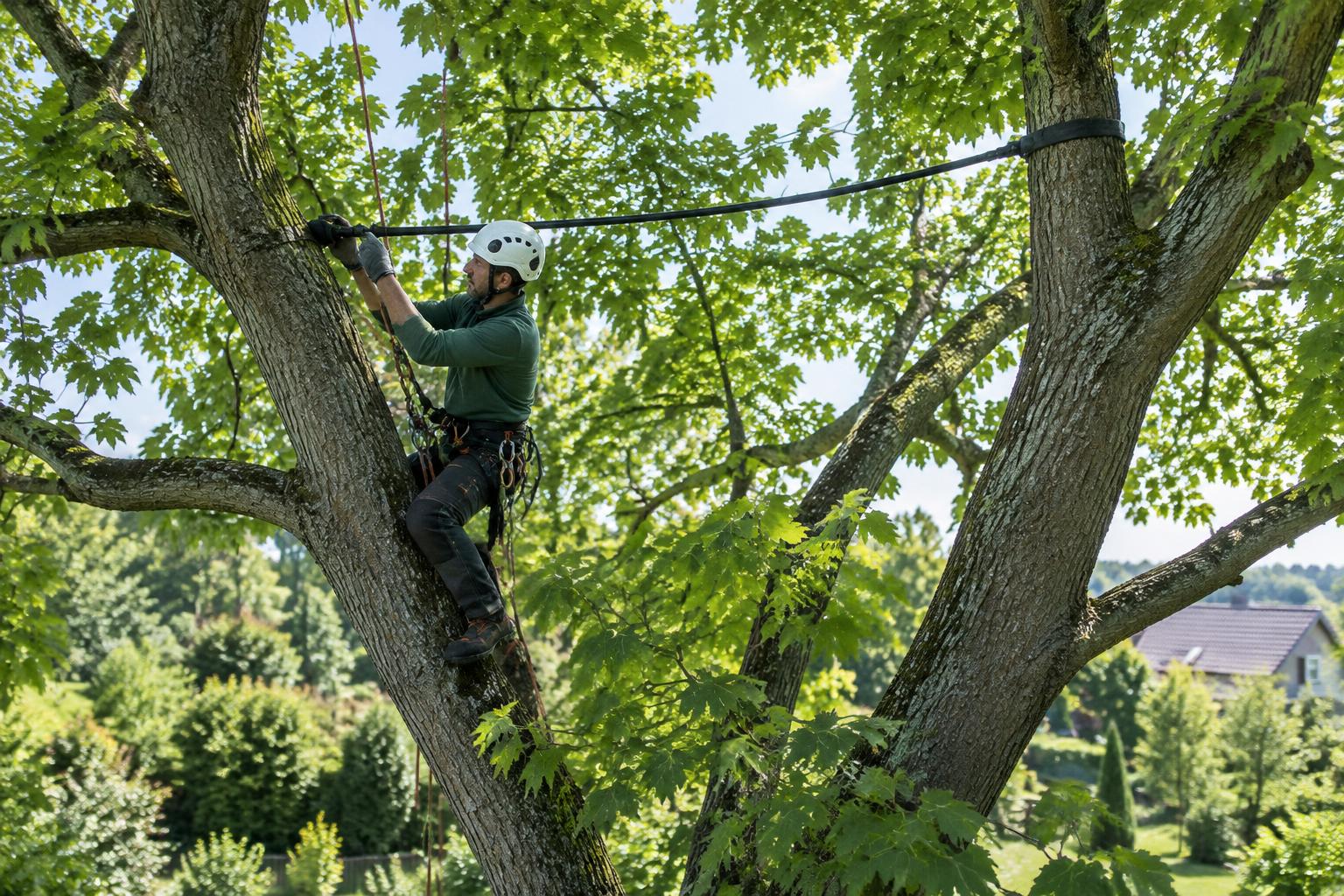 Arborysta pracujący w koronie drzewa przy systemie zabezpieczeń